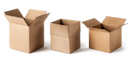 Fototapeta premium Three opened brown cardboard boxes of varying sizes against a white background