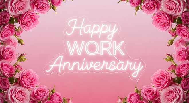 Pink roses frame neon text happy work anniversary on soft pink background flowers floral border