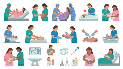 Fototapeta premium Newborn Baby Care Icons: Delivery, Bathing, Weighing, Mom Nurse