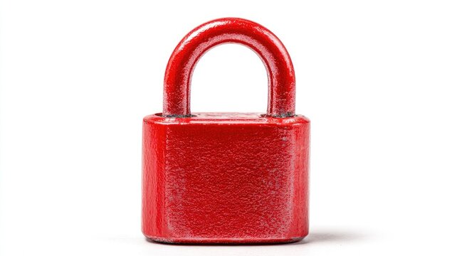 Shiny red padlock with a closed shackle, isolated on a stark white background