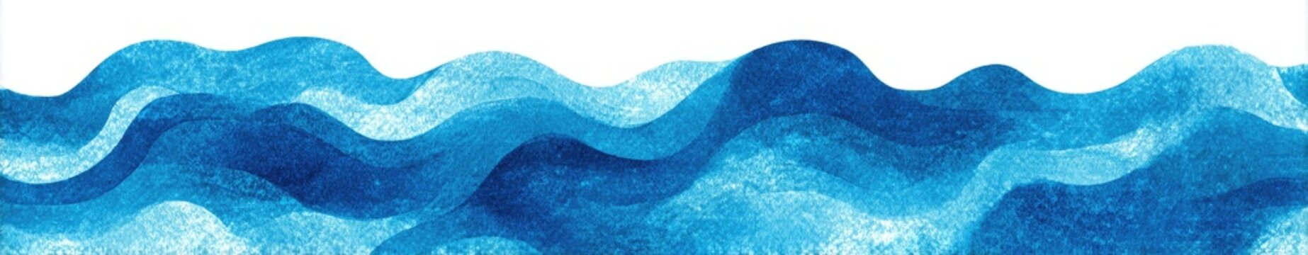 Abstract watercolor artwork depicting layers of stylized blue waves against a white background