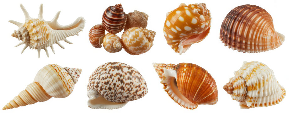 Collection of various sea shells in different shapes, sizes, and colors on white background