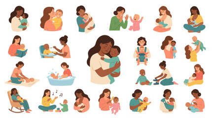 Fototapeta premium Flat Style Vector Collection: Mothers Holding and Caring for Babies