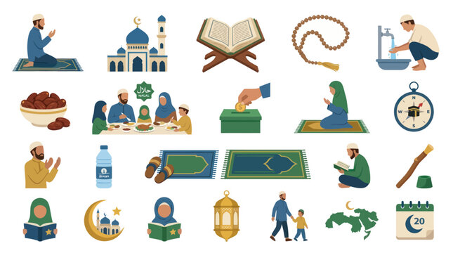 Flat Vector Illustration of Islamic Culture and Muslim Religious Symbols Icons Set