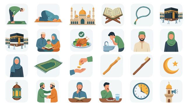 Flat Vector Muslim Daily Life  Islamic Religion Icons Set with Symbols  Practices