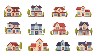 Naklejka premium Front view house illustration set with suburban homes, cottages, and townhouses