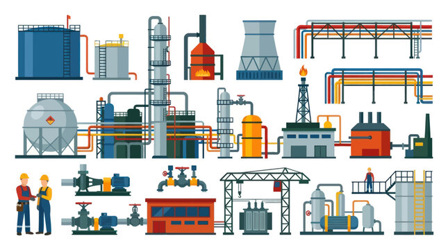 Flat Vector Illustration of Industrial Processing Plant Elements, Oil  Gas Equipment Set
