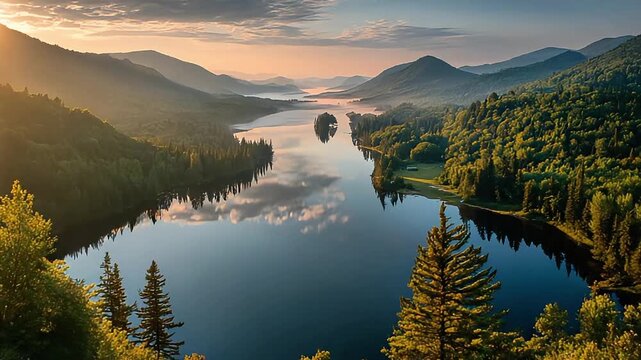 A breathtaking view of a serene mountain lake at sunset, evoking feelings of tranquility and peace, perfect for travel, nature, or wellness marketing.