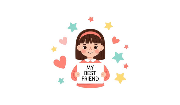 Cute girl vector illustration with stars and hearts saying &ldquo;My Best Friend&rdquo;