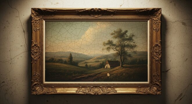 Classic landscape painting in ornate gold frame on textured wall at dusk