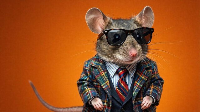 A Mouse wearing sunglasses and a funky jacket looking at the camera