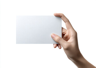 Obraz premium A fair hand holds a blank, horizontal rectangle against a white background