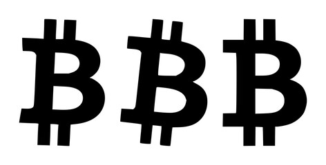 Bitcoin (BTC) currency symbol icon set with solid black color featuring a capital B with two vertical strokes, cryptocurrency, digital currency with blockchain technology and financial transactions © mdbakul