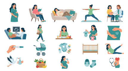 Fototapeta premium Pregnancy, Maternity, Baby Care Health Flat Vector Illustration Set