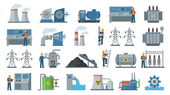 Flat Vector Icons Set of Electricity Power Generation Industry and Energy Production