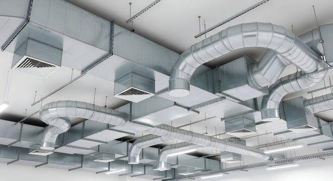 HVAC engineering and building ventilation installation. Air ducts and climate control systems mounted under ceiling, supporting air circulation, temperature regulation and facility maintenance. 
