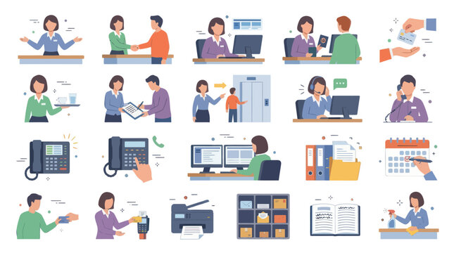 Flat Vector Illustration Set of Office Administration and Customer Service Operations