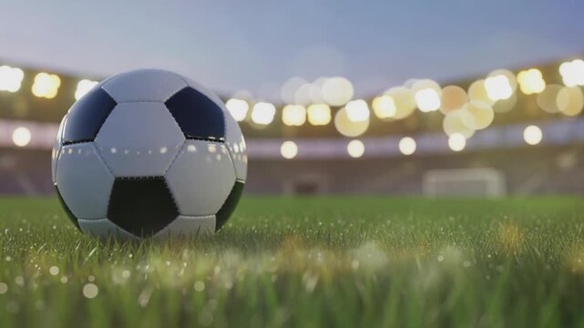 Soccer Ball on Grass in a Large Stadium with Bright Lights at Sunset - World Cup 2026 Concept