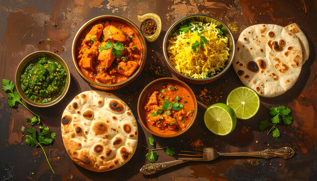 A vibrant overhead shot showcases a delicious spread of traditional Indian cuisine.
