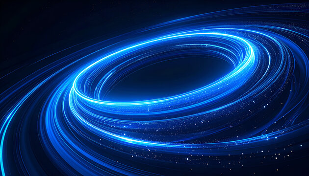 A mesmerizing abstract image showcases swirling, luminous blue light trails forming a vortex-like pattern against a deep, dark background, evoking a sense of cosmic energy and infinite space.