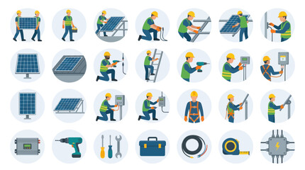 Fototapeta premium Flat Vector Icon Set: Solar Panel Installation, Renewable Energy Workers, and Equipment