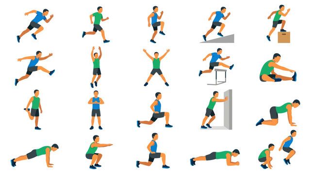 Fitness Workout Exercises for Men Flat Vector Illustration Set. Running, Stretching  Strength Training