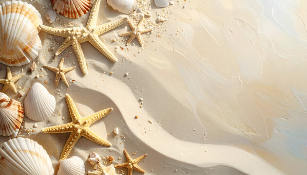 A close-up shot showcases a collection of seashells and starfish scattered across a sandy beach, evoking a sense of coastal tranquility and natural beauty.