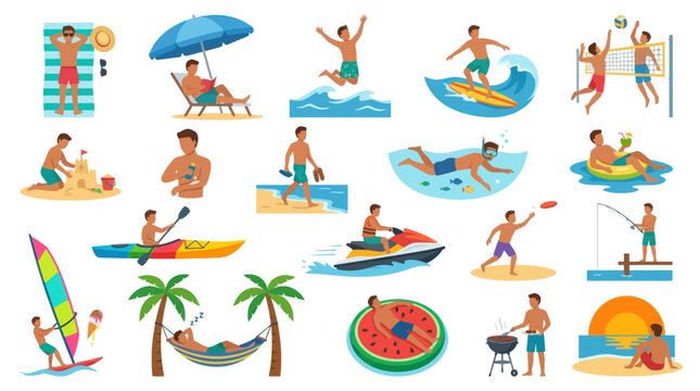 Summer Beach Vacation Activities Flat Design Vector Illustrations for Recreation and Leisure