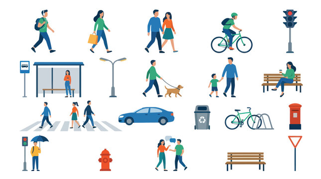 City Life People and Urban Elements Flat Vector Illustration Set