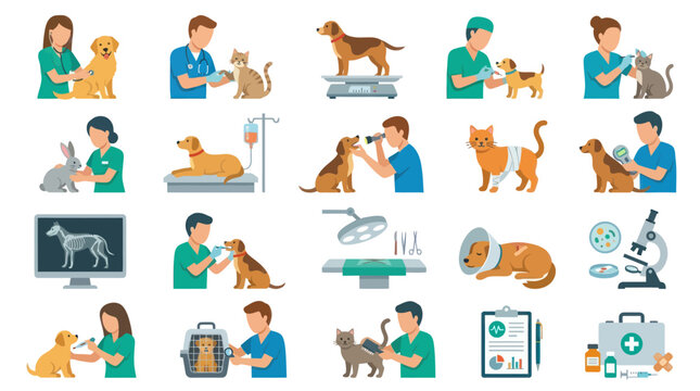 Flat Vector Icons Set: Veterinary Clinic Pet Health Care, Animal Doctors, Treatment, and Examination