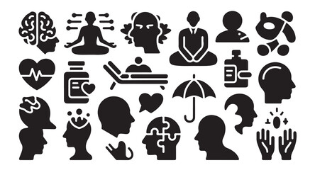 Obraz premium Mental health problem and psychology black glyph icons set, emotional disorder, psychiatric treatment.