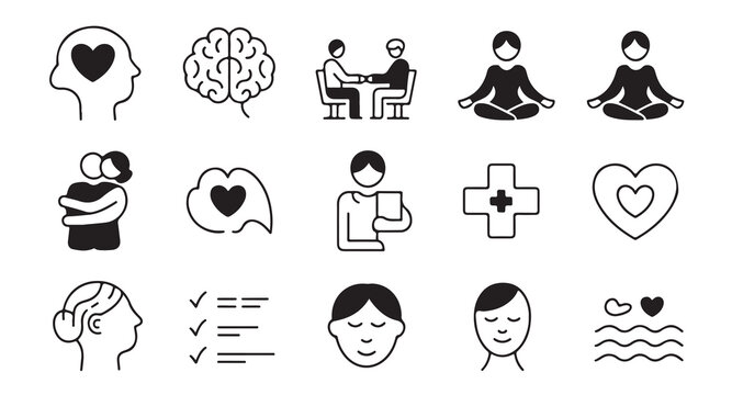 Psychology and wellness icon collection with hugging people meditation and heart signs vector.