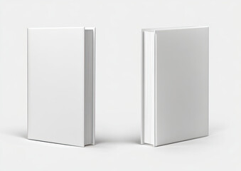 Naklejka premium Two blank white hardcover books stand upright on a light gray surface