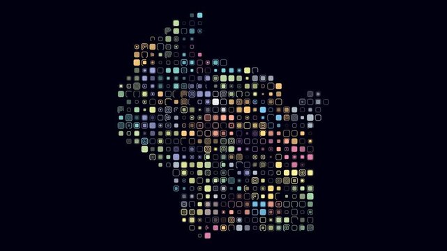 Wisconsin animated shape. Pulsating colored dots on the map of the state. Large size rounded square blocks. Digital style Wisconsin map on dark background. Artistic animation video.