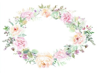 Fototapeta premium Floral wreath with pink and peach flowers, green leaves and small purple accents arranged in an oval shape on white background for decoration and design.