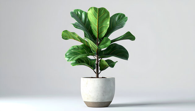 A vibrant fiddle leaf fig plant stands gracefully in a modern concrete pot against a clean, minimalist white background, showcasing its lush green foliage.