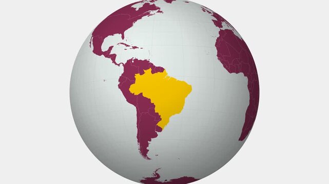 Brazil map. Animated zoom into the country on the Globe in Pale Mint Dark Pink color palette. Country logo animation with round text and airplanes. Map with meridians, parallels. Elegant video.