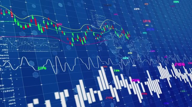 Financial stock market chart and candlestick data trends with investment analytics for trading and portfolio management.