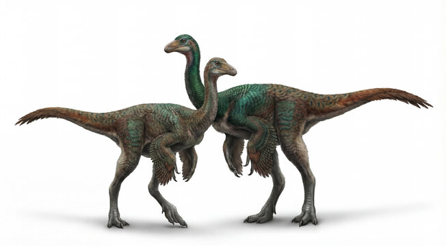 Gallimimus bullatus pair interaction isolated on white background, detailed prehistoric scene showing social behavior and interaction between two ornithomimids.
