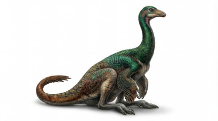 Fototapeta premium Gallimimus bullatus sitting isolated on white background, detailed reconstruction showing relaxed posture and natural ornithomimid anatomy. 