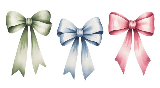 Three decorative gift bows in sage green light blue and soft pink colors isolated on a white background
