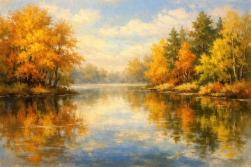 Fototapeta premium Impressionistic oil painting of a serene autumn river with golden trees, reflecting foliage and soft clouds on a calm water surface