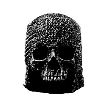 hand-drawn vector illustration featuring a dark, medieval warrior skull wearing a heavy chainmail hood (coif).