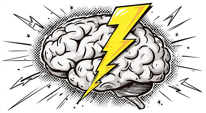 A stylized brain struck by a bright yellow lightning bolt, emanating energy