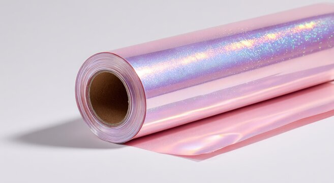 Roll of iridescent pink holographic film catching light, on white surface