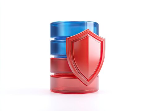 Stacked transparent discs with red shield symbolizing data protection