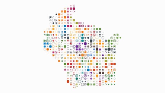 Wisconsin animated shape. Pulsating colored dots on the map of the state. Large size rounded square blocks. Digital style Wisconsin map on white background. Vibrant animation video.