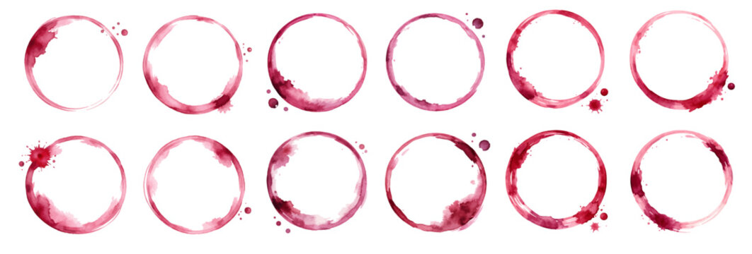 A watercolor collection of wine stains featuring pink and red circular glass ring marks and splash effects illustrated in a textured hand-painted style.