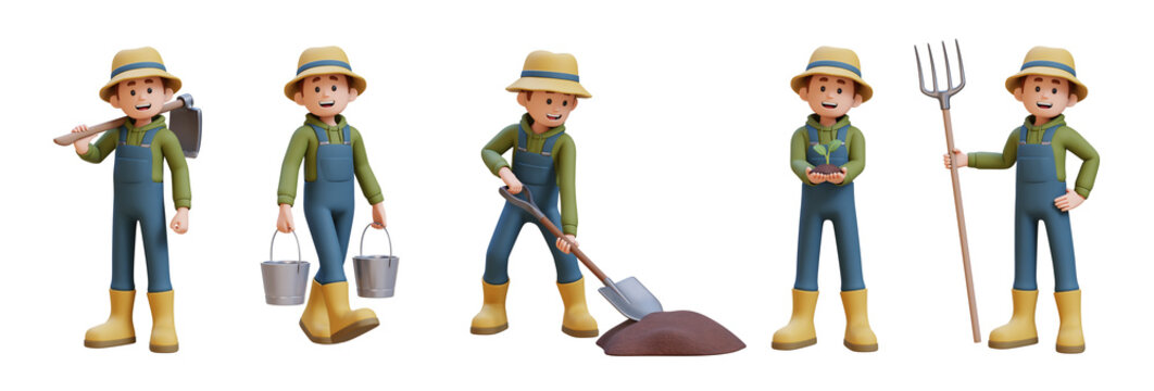 Cheerful 3D farmer character set in overalls. straw hat. holding tools and plant. on whit