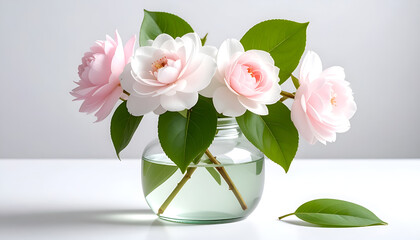 Fototapeta premium A delicate arrangement of pink and white camellia flowers in a clear glass vase sits gracefully on a white surface, bathed in soft, natural light.